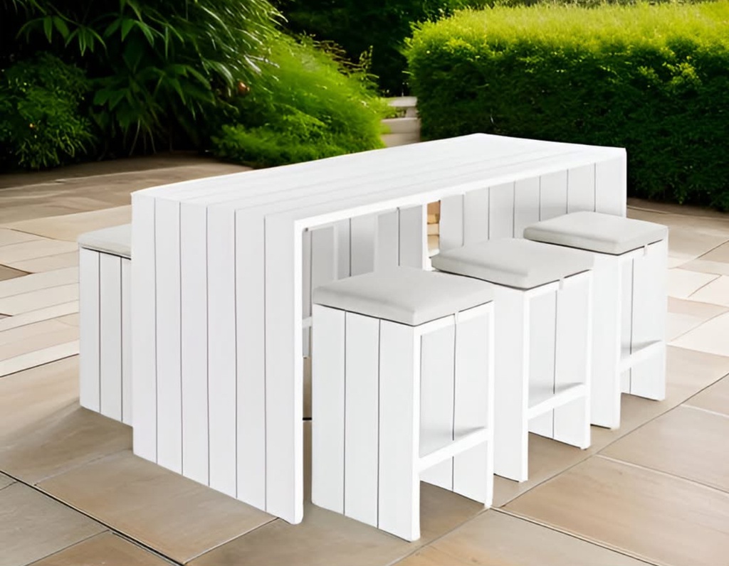 MESA BAR ABDONA BLANCA CON 6 BANCOS CON COJÍN HAI19BT019-16085A-WHITE